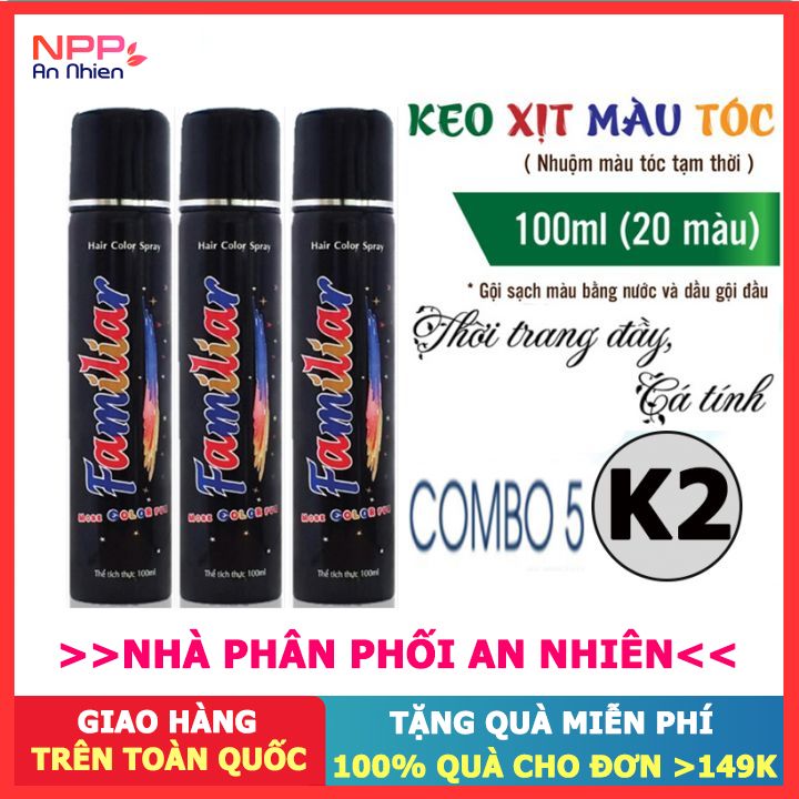 Combo 5 Chai Xịt Tóc Màu Tạm Thời Chuẩn Salon Familiar 100Ml (K2 Màu Xám Khói) - Đơn 300K Nhận Quà 30K Npp An Nhiên