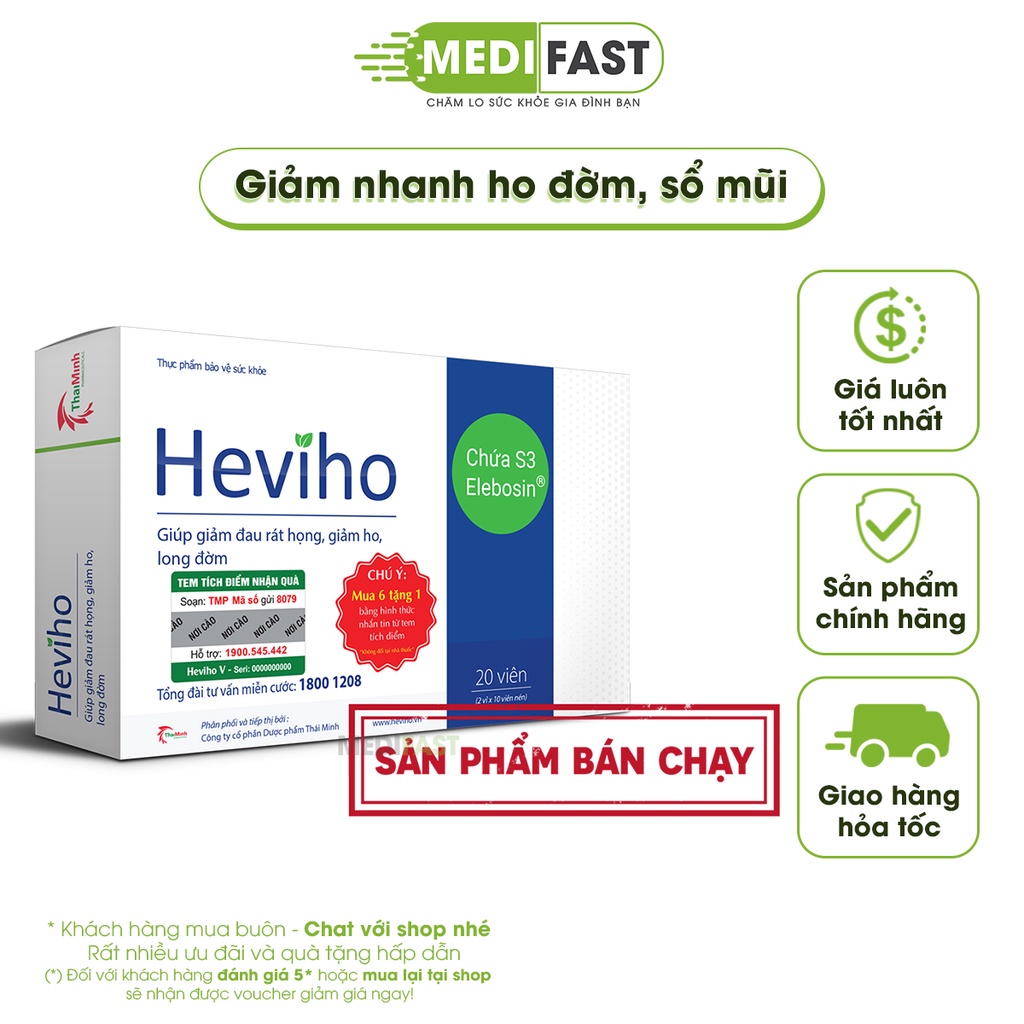 Heviho hỗ trợ giảm đau rát họng từ thảo dược Hộp 20 viên - Có tem tích điểm chính hãng