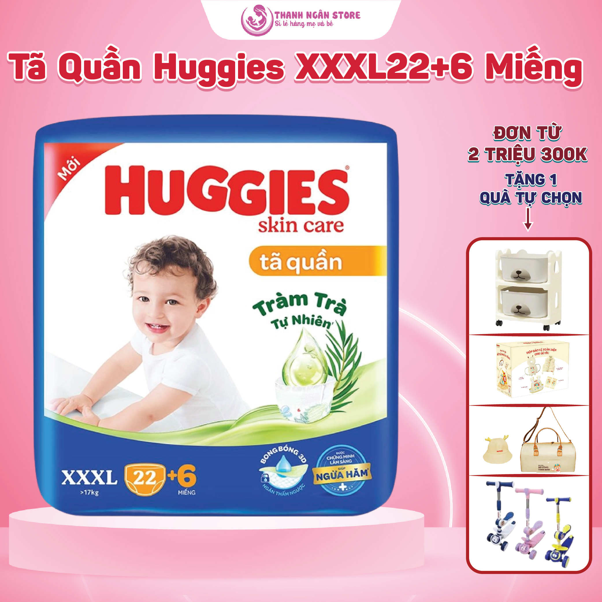 Tã Quần Huggies Skin Care Tràm Trà Tự Nhiên XXXL22+6 Miếng - Cho Bé 20 Đến 30 Kg - Kho Bỉm Thanh Ngân