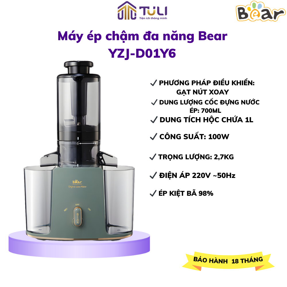 Máy ép chậm đa năng Bear YZJ-D01Y6 700ml Công suất 100W Máy Ép Hoa Qủa Ép nguyên trái Hàng chính hãn