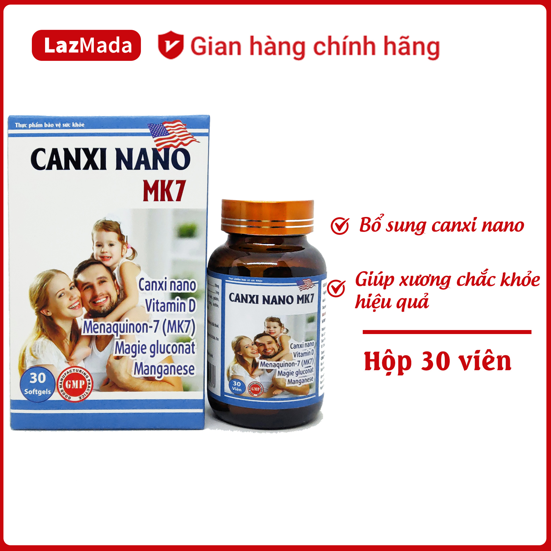 Viên uống Canxi Nano MK7 - Giúp chắc khỏe xương và răng giảm loãng xương tăng chiều cao - Dùng cho trẻ em trên 12 tuổi phụ nữ mang thai và cho con bú - Hộp 30 viên chuẩn GMP - LazMada Pharmacy