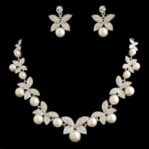 Ngọc Trai Rhinestone Bướm Cô Dâu Phù Dâu Vòng Cổ Bộ Bông Tai Hoa Tai Vòng Cổ Trang Sức Cưới Bộ Hai M