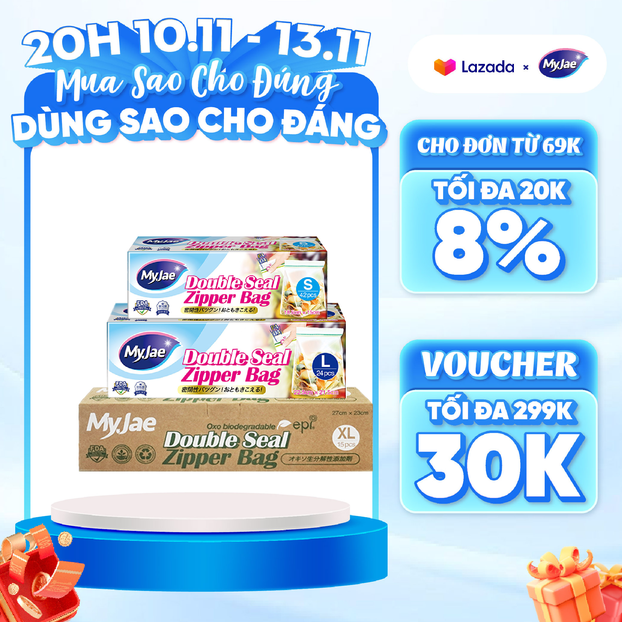 Combo 3 HỘP SIZE S+L+XL Túi Zip PE Trong Suốt 2 Đường Kéo MyJae Túi Bọc Đồ Ăn