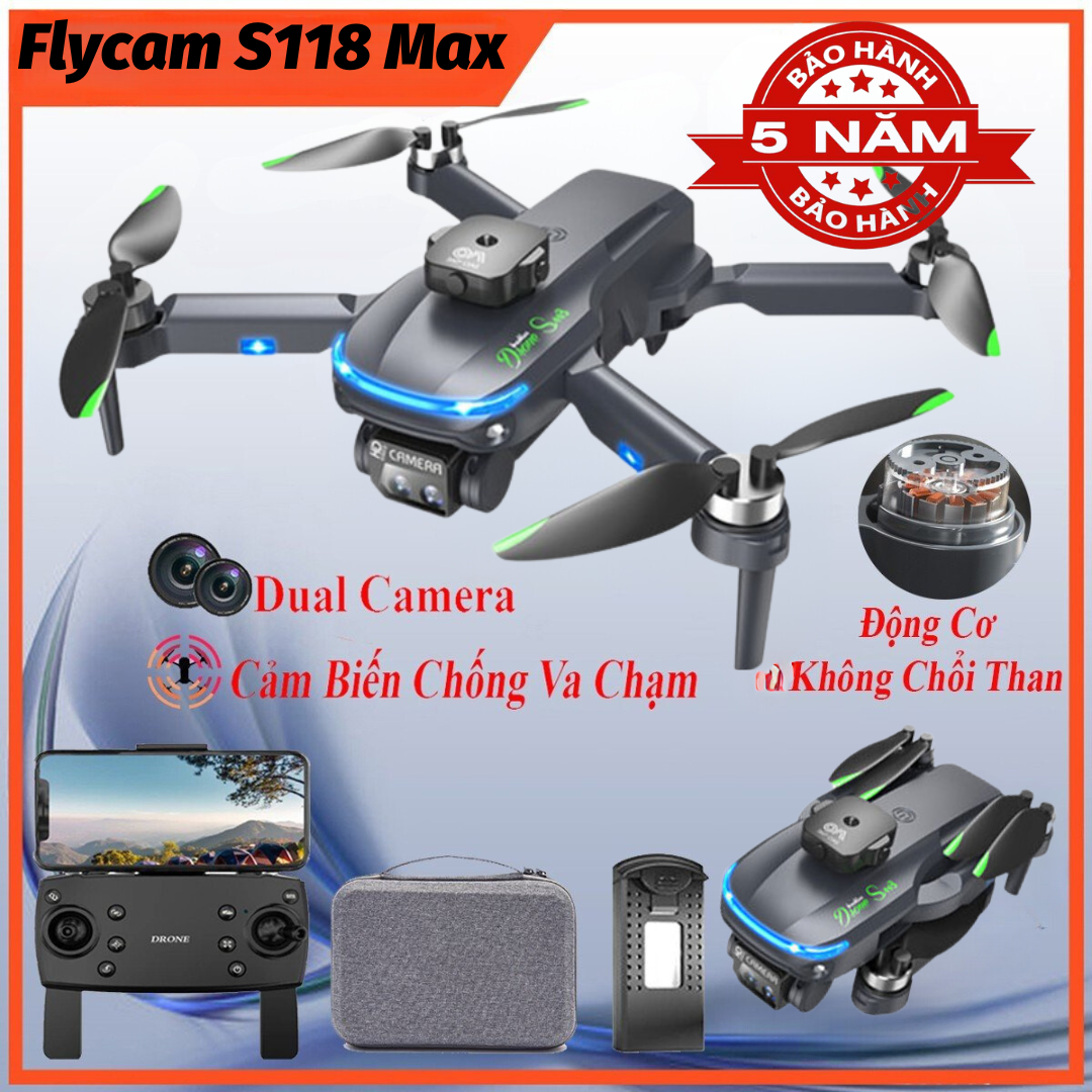 Flycam động cơ không chổi than S118 Pro Max máy bay điều khiển từ xa 4 cánh camera kép GPS và cảm biến chống va chạm trên không
