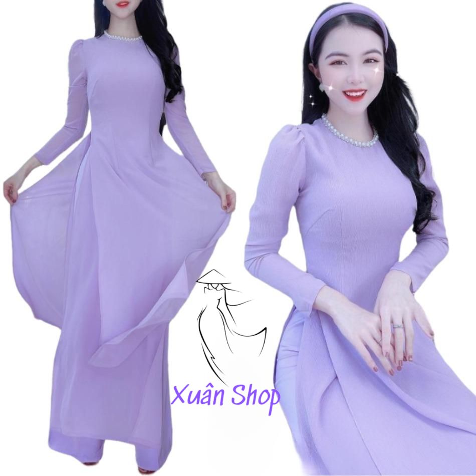 Áo dài truyền thống cách tân Chiffon 4 tà tay phồng cổ đính ngọc trai