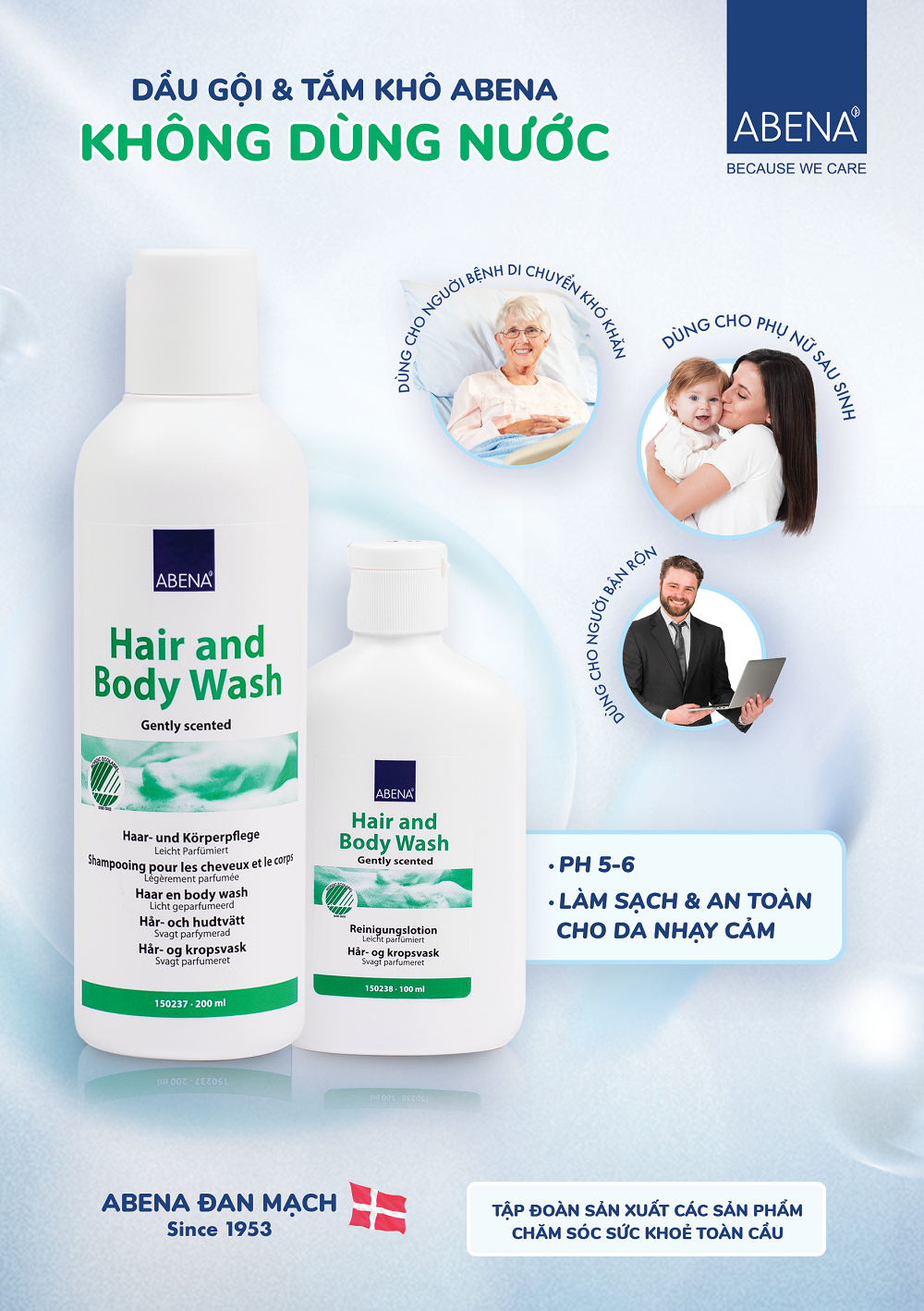 Dầu Gội Và Tắm Không Dùng Nước Hương Thơm Nhẹ Abena(Hair & Body Wash) - Đan Mạch