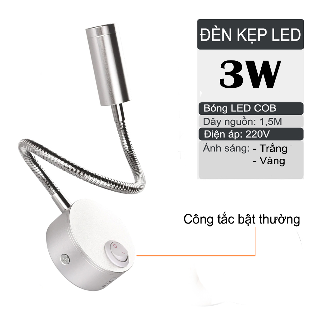Đèn đọc sách gắn đầu giường Led 3W-220V Ánh sáng chiếu rọi điểm Thân đèn Kim loại uốn 360 độ