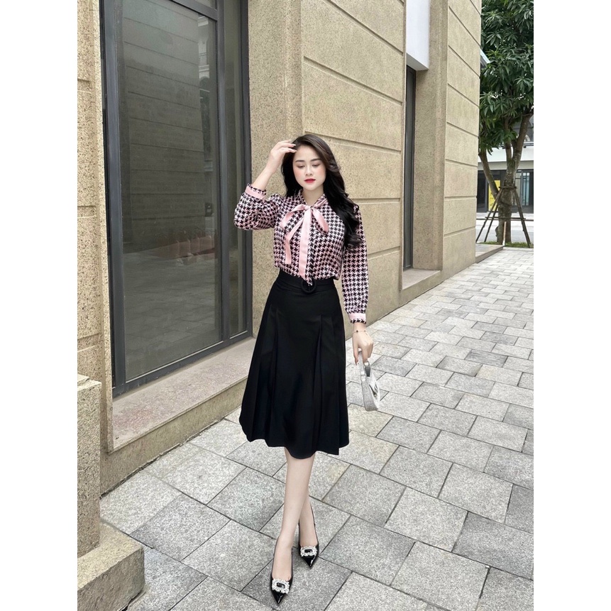 Áo nữ lụa nơ cổ dài tay sơ mi cao cấp công sở họa tiết ziczac cao cấp áo sơ mi họa tiết thiết kế MQ 