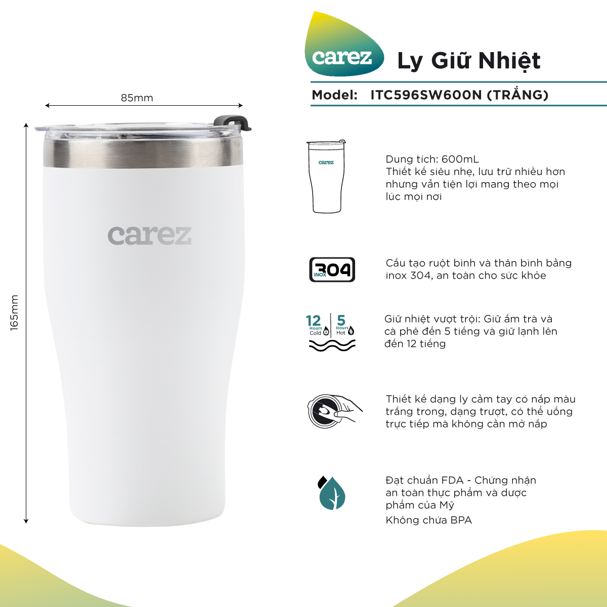 Ly Giữ Nhiệt Carez ITC596SW600N - TRẮNG- 600ml Inox 304 Không chứa BPA - Giữ nóng đến 5 tiếng giữ lạ