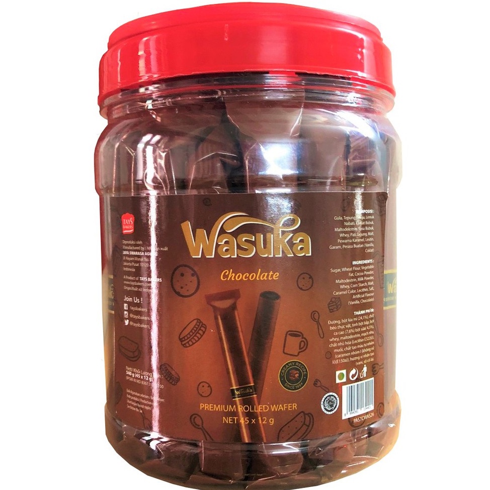 Bánh Quế Wasuka Premium Rolled Wafer Vị Chocolate (Hủ 50 cây x 9g)