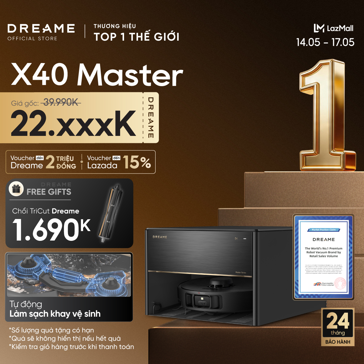 Robot hút bụi lau sàn thông minh Dreame X50 Master - Kích thước 350x350x89mm, Dung lượng 0.395L