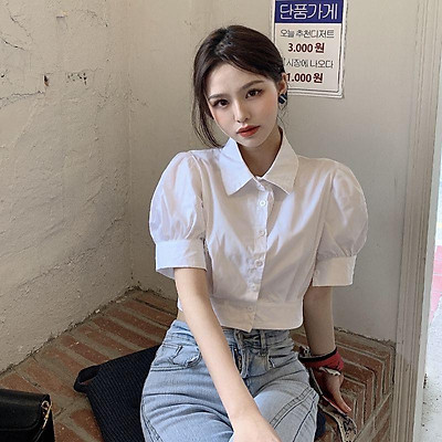áo sơ mi nữ kiểu croptop cộc tay cổ đức phối nẹp gấu bản to tay phồng xinh xắn