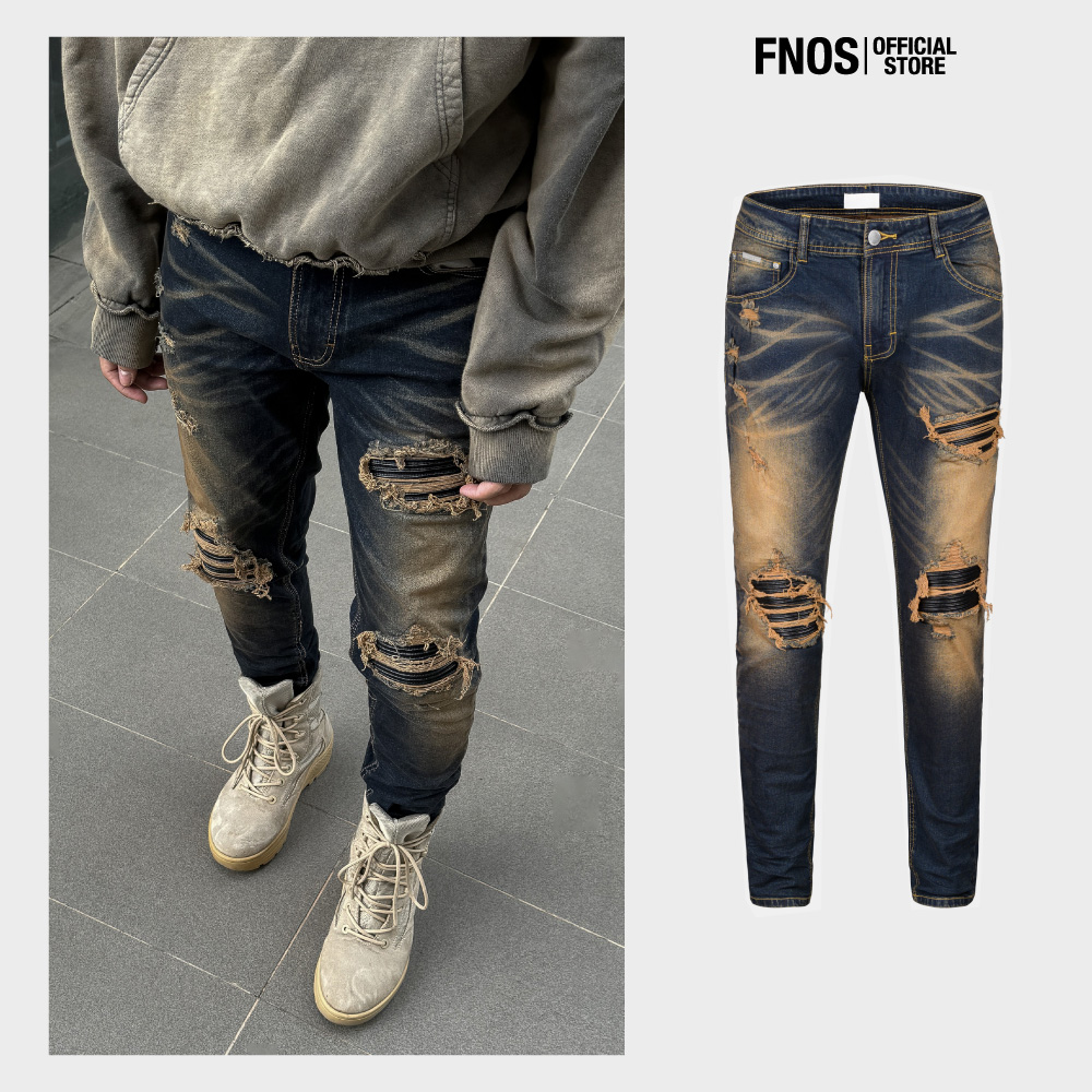 Quần Skinny Jeans Biker Nam FNOS Streetwear Màu Mid Indigo Wash Rách NZ55 - Local Brand Chính Hãng