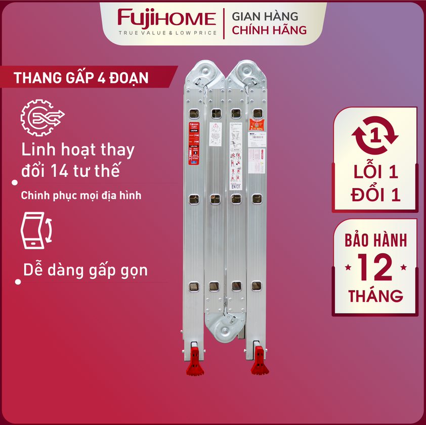 Thang nhôm gấp 4 đoạn Nhập Khẩu 34 mét - 47 mét siêu đa năng FUJIHOME thang chữ M xếp gọn 4 khúc gia