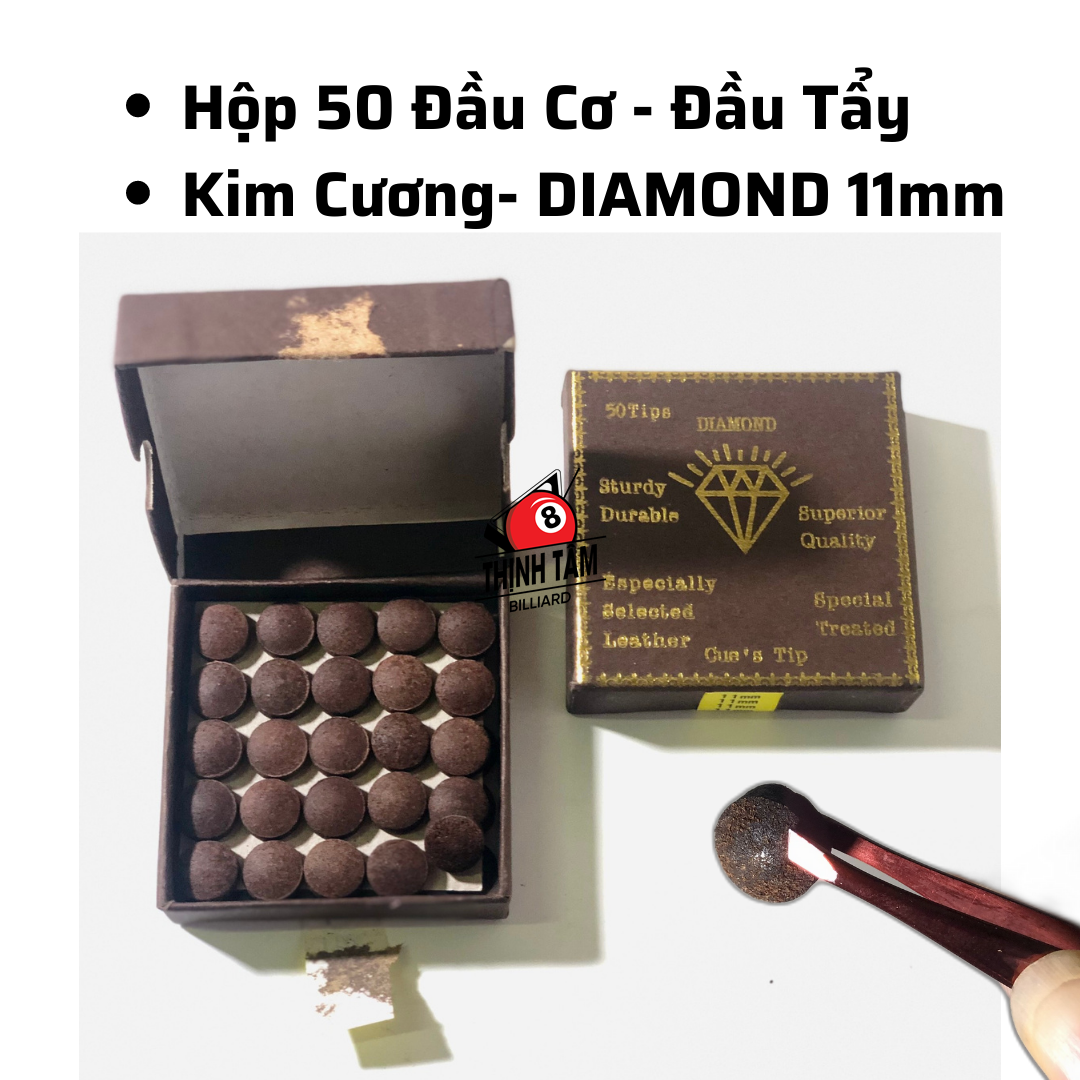 [THỊNH TÂM] Hộp 50 Đầu Cơ Bida - Đầu Tẩy Bi-a Kim Cương Diamond Da Bò 11 - 12 - 13mm [ Hộp Đầu cơ Diamond ]
