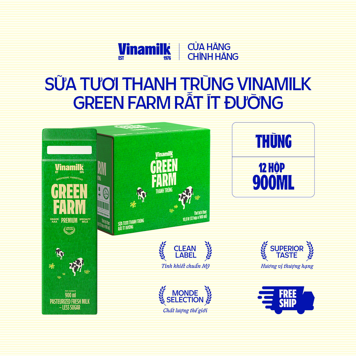 Thùng 12 Hộp Sữa tươi thanh trùng Vinamilk Green Farm Rất ít đường Hộp 900ml