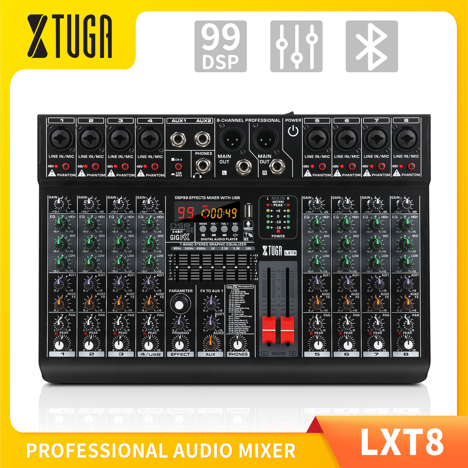 Xtuga LXT8 Dj Mixer 8 Kênh Đa Năng Chuyên Nghiệp Bộ trộn âm thanh Hỗ Trợ Bluetooth/USB/MP3 Phát Lại Được Xây Dựng-Trong 99 DSP Hiệu Ứng Kỹ Thuật Số Với 48V nguồn phantom 7-Band Equalizer hiệu ứng reverb Bàn điều khiển phối khí