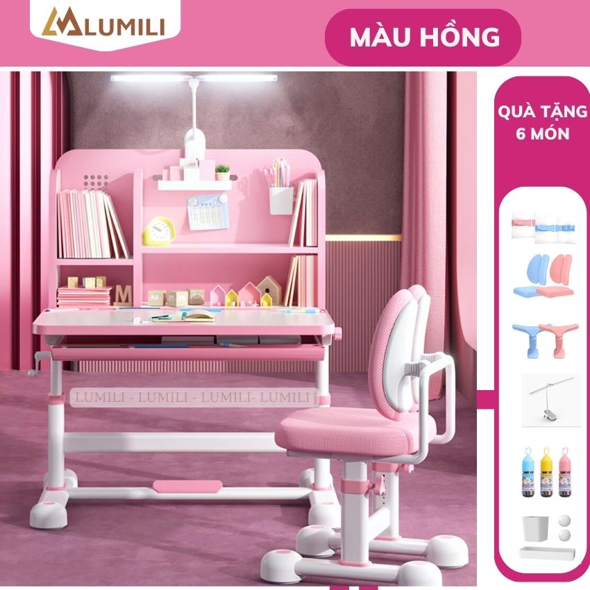 Bộ bàn học cho bé Lumili R22+ bản nâng cấp bàn học chống gù size 80cm bàn học sinh nâng hạ tay quay 