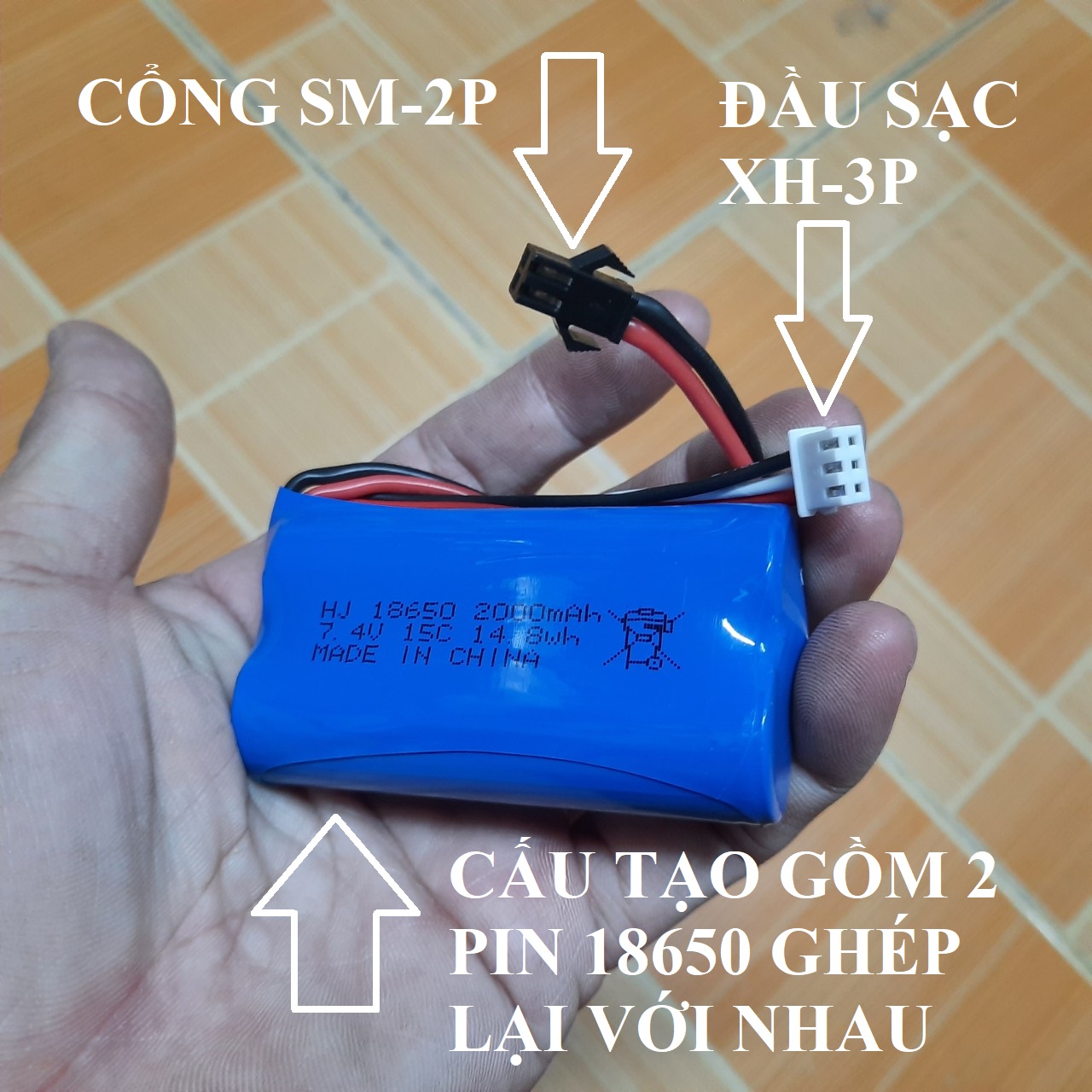 Pin sạc 7.4v 18650 dung lượng cao 2000mah xả 15C pin cổng nối SM-2P /Sm-4P /T cho xe điều khiển từ x