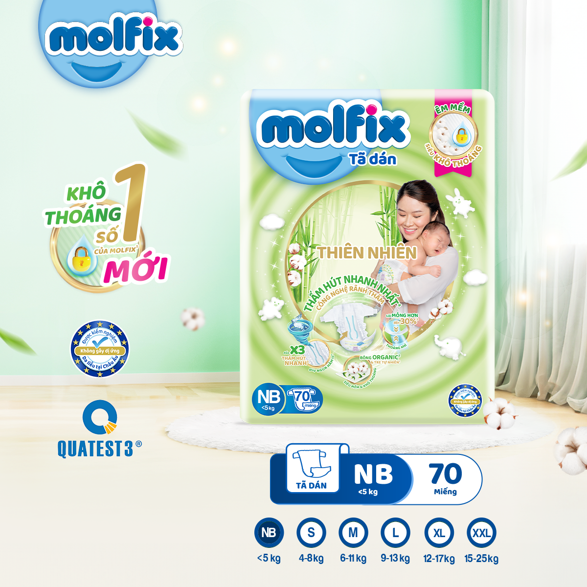 Tã Dán Thiên Nhiên Molfix Natural Super Jumbo NB70/ S80/ M76/ L68/ XL60