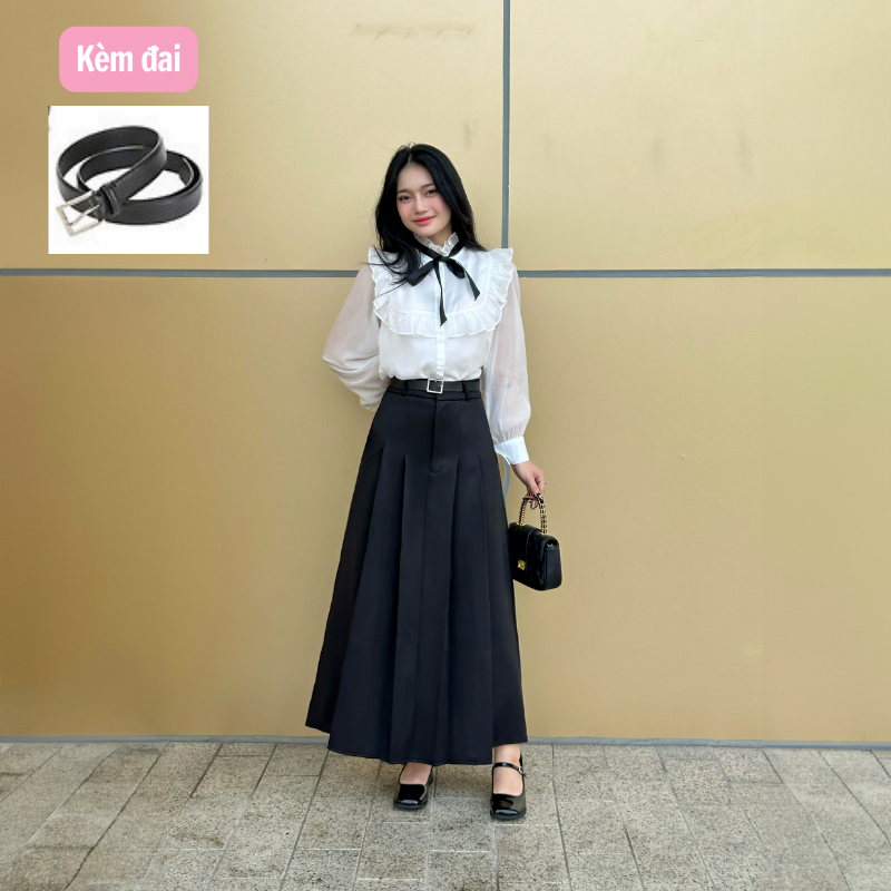 Chân váy dáng dài Ulzzang Midi xếp ly bản to có túi xòe chữ A bồng bềnh có Bigsize phong cách douyn 