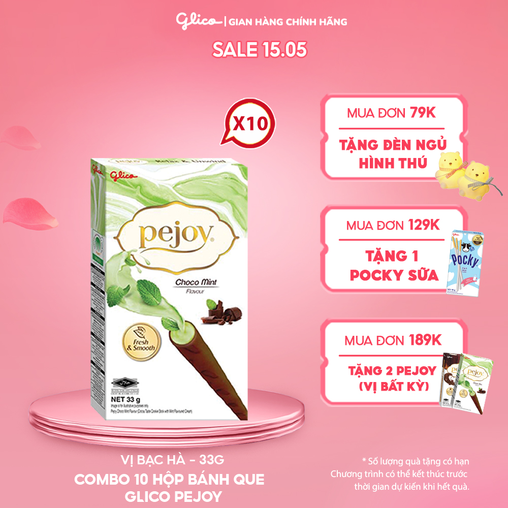 Combo 10 Bánh que nhân kem socola bạc hà GLICO Pejoy Choco Mint 33G