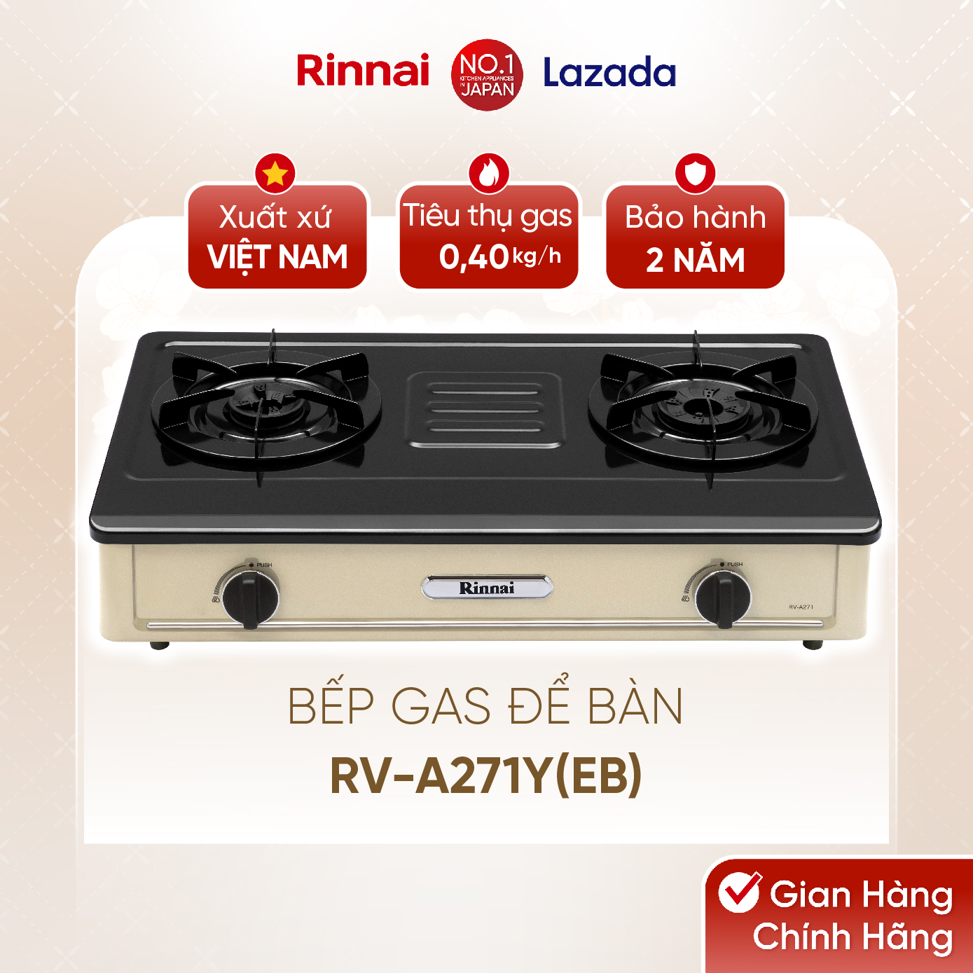 Bếp gas dương Rinnai RV-A271Y(EB) mặt bếp men và kiềng bếp men - Hàng chính hãng