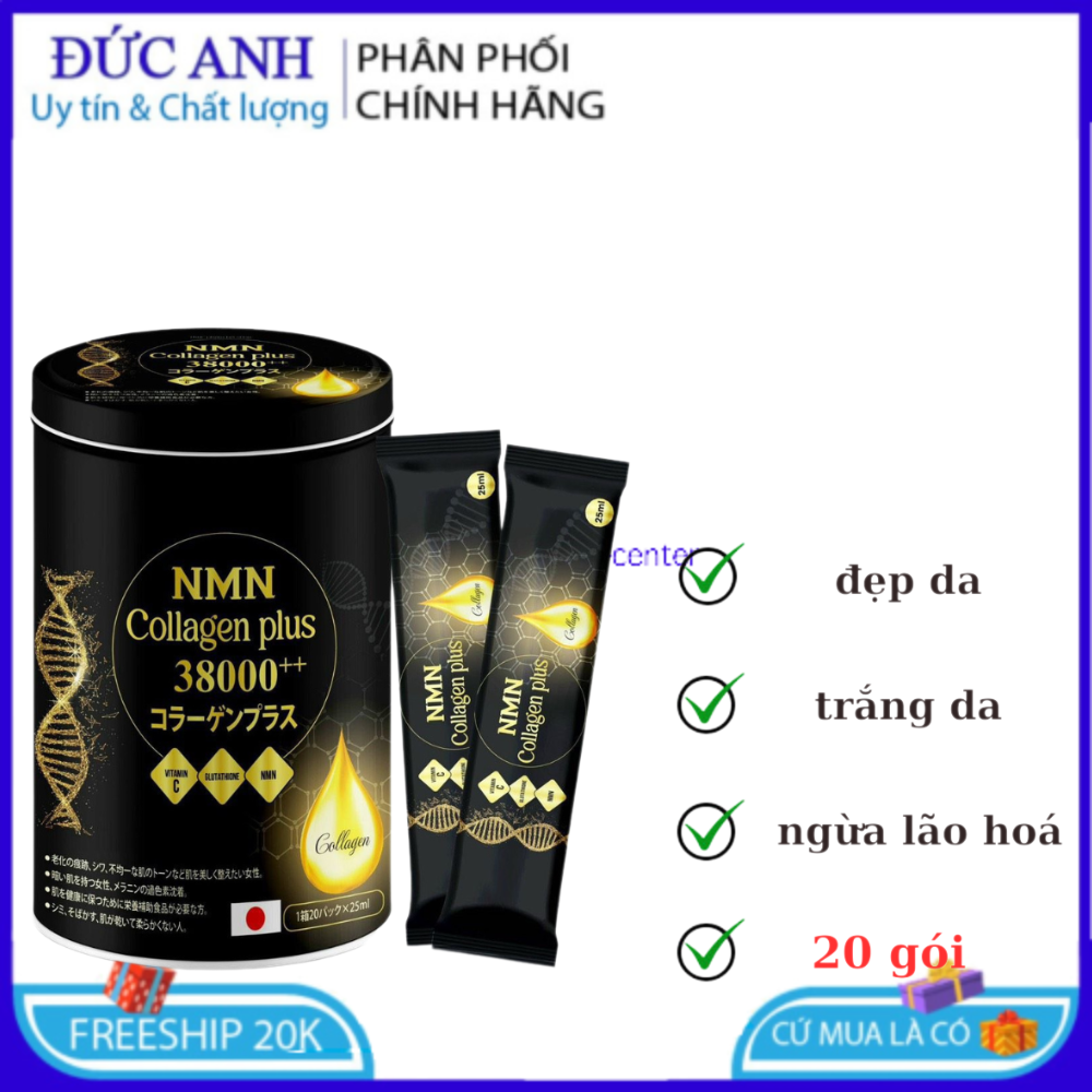 Nước uống NMN Collagen plus 38000 ++ giúp đẹp da trắng da chống lão hoá hộp 20 gói