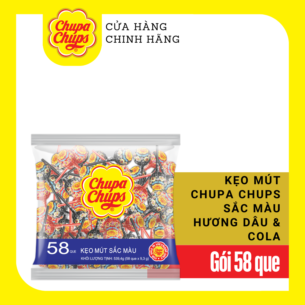 Kẹo mút Chupa Chups Hương Trái Cây Hỗn Hợp (60 que)  Hương Dâu và Cola tô màu lưỡi (58 que)