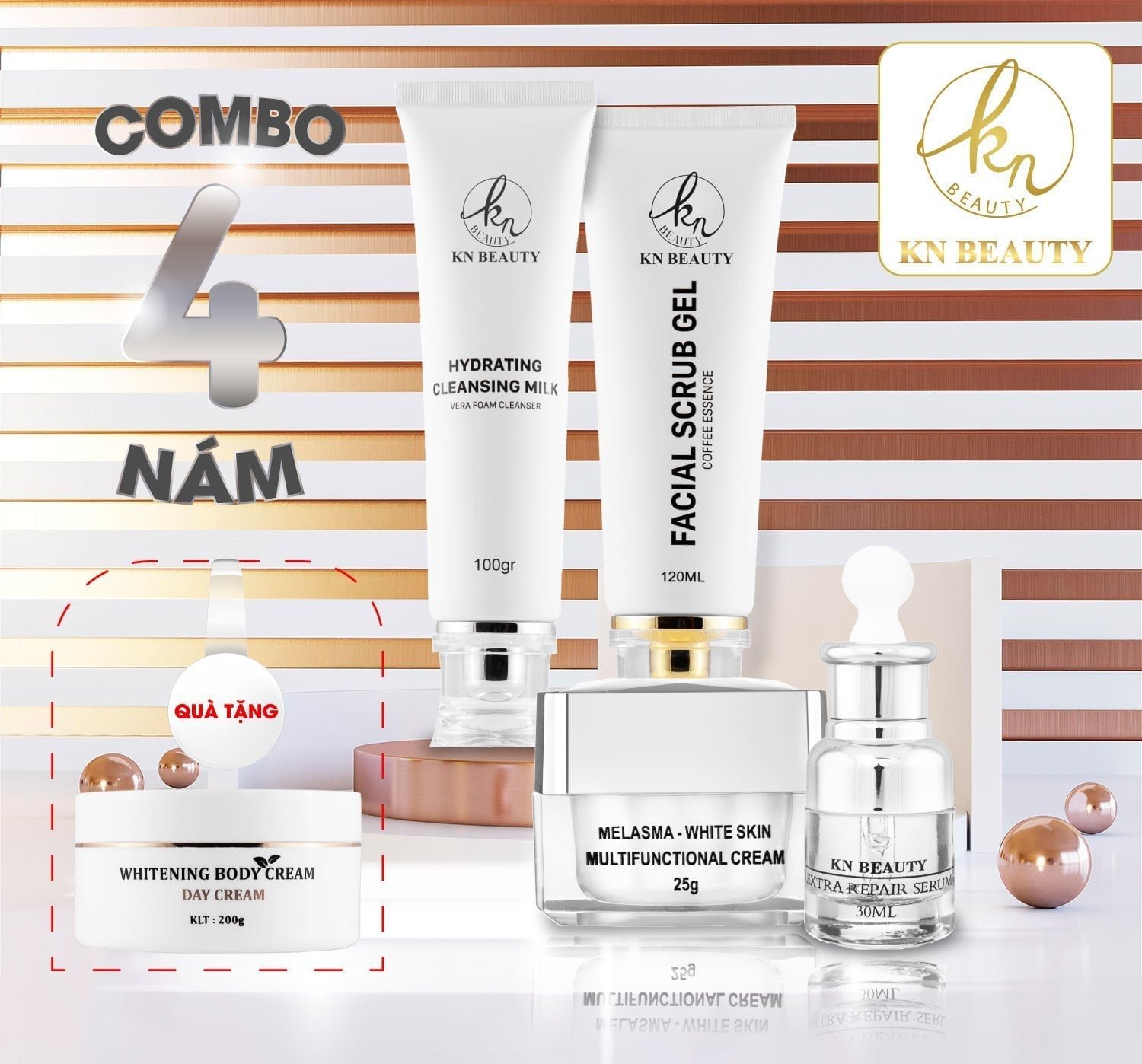 Bộ 4 Bước Chăm Sóc Da Trắng Sáng Ngừa Nám Kn Beauty Chuyên Sâu: Kem Dưỡng 25G + Serum 30Ml+ Sữa Rửa Mặt 100G+ Tẩy Tế Bào Chết 120Ml (Quà Tặng Body Bơ Ngày)