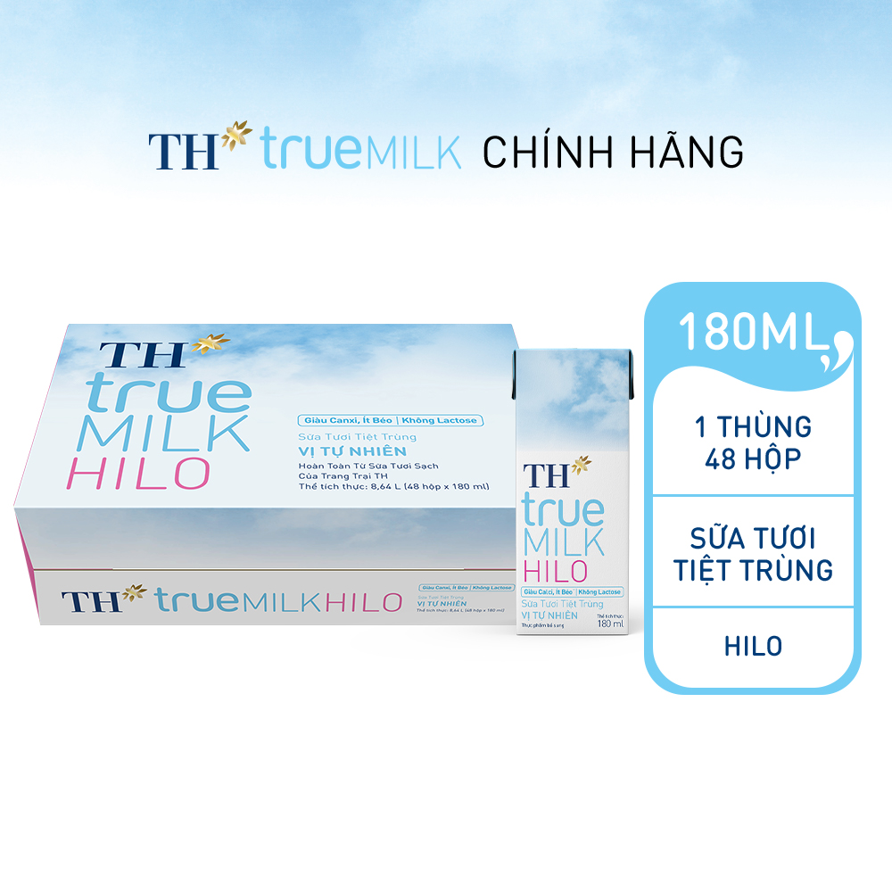 Thùng 48 hộp sữa tươi tiệt trùng TH true MILK HILO vị tự nhiên 180 ml (180 ml x 48)