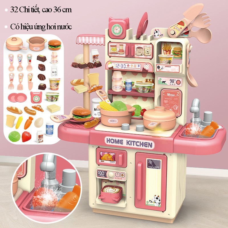 Bộ đồ chơi nhà bếp có hiệu ứng âm thanh khói và vòi nước cao cấp cỡ lớn 72cm bếp nấu ăn cho bé mẹ só