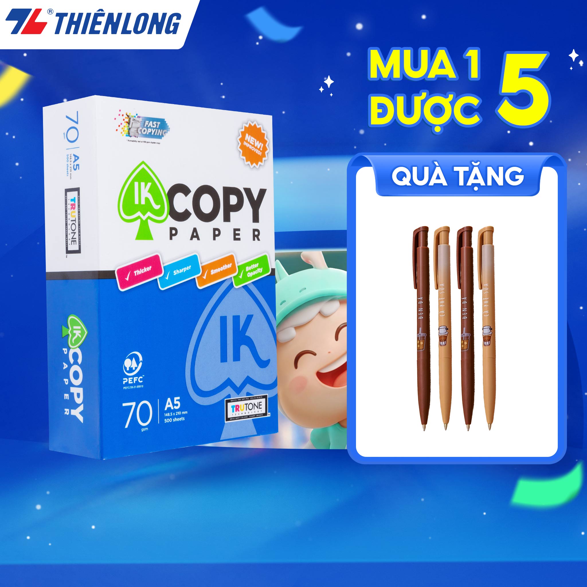 Combo 10 Ream giấy A5 70 gsm IK Copy (500 tờ) - Hàng nhập khẩu Indonesia