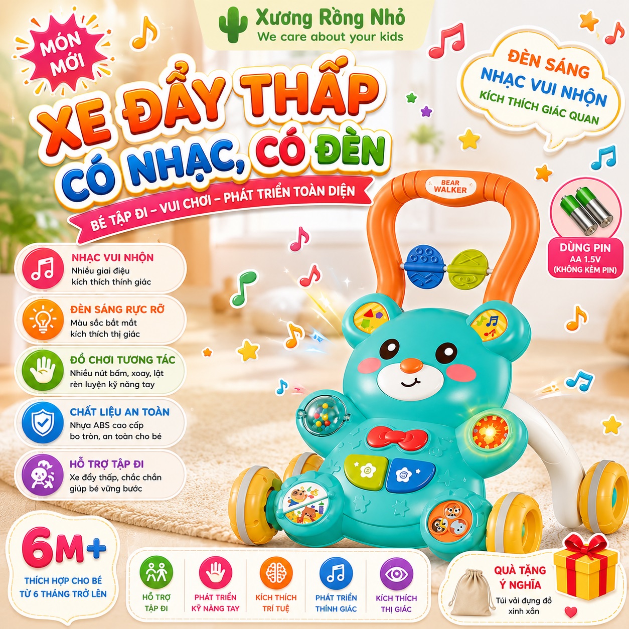 Xe Tập Đi Cho Bé Hình Gấu Có Nhạc – Xe Đẩy Tập Đi Cho Bé 6-36 Tháng