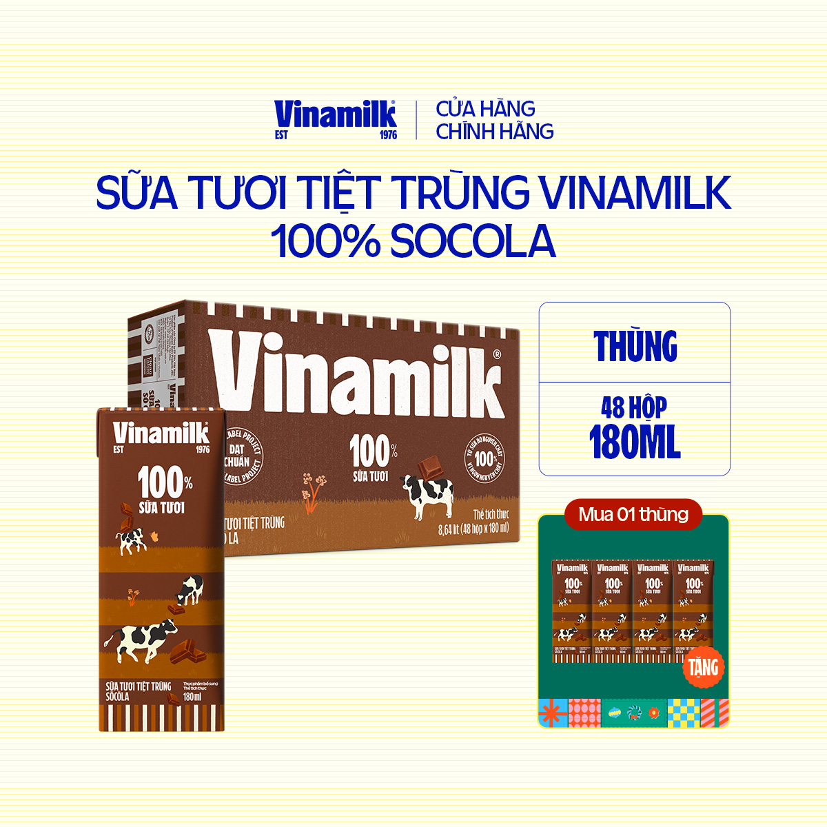 Thùng 48 Hộp Sữa tươi tiệt trùng Vinamilk 100% Socola 180ml