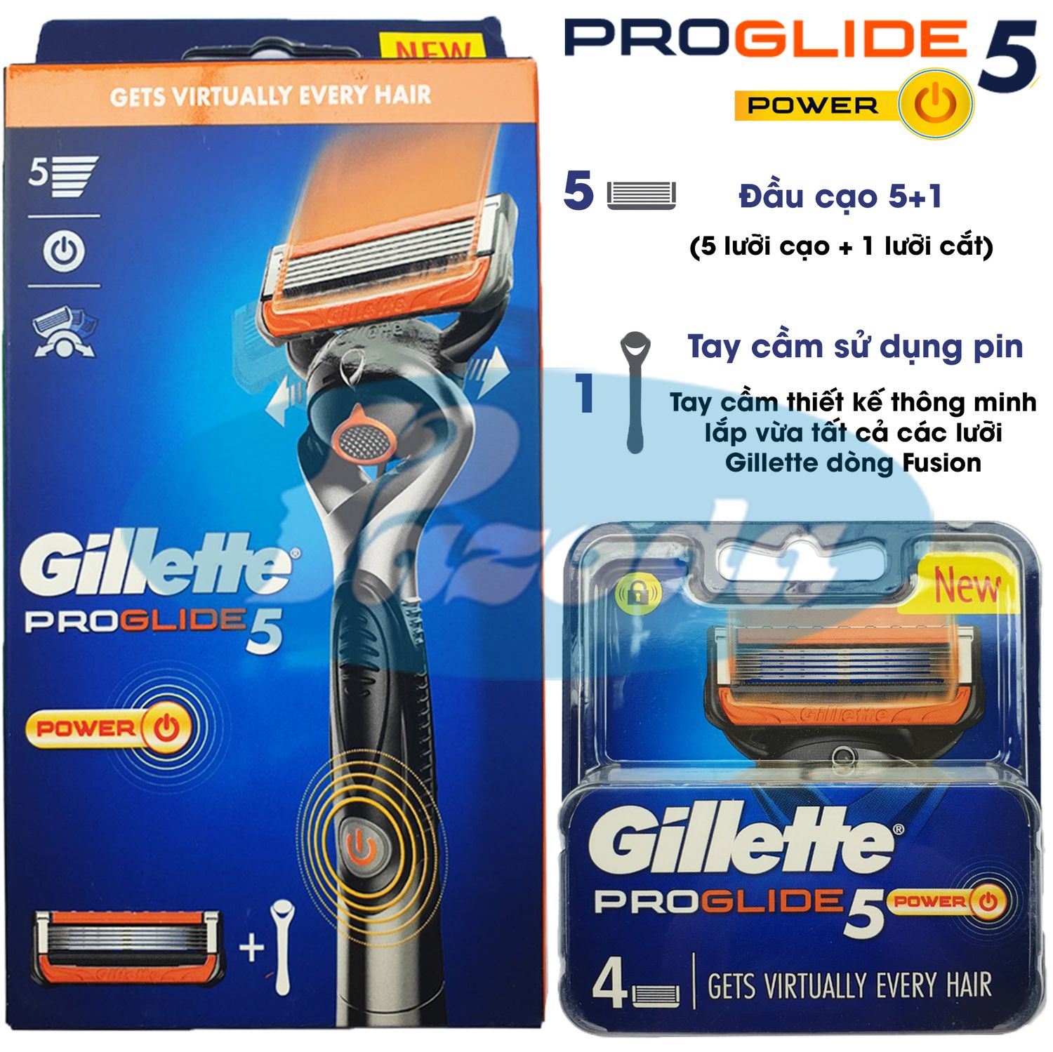 Bộ Dao Cạo Râu Và Hộp Đầu Lưỡi Thay Thế Gillette Proglide5 Power (Tay Cầm Sử Dụng Pin Đầu Cạo 5+1)