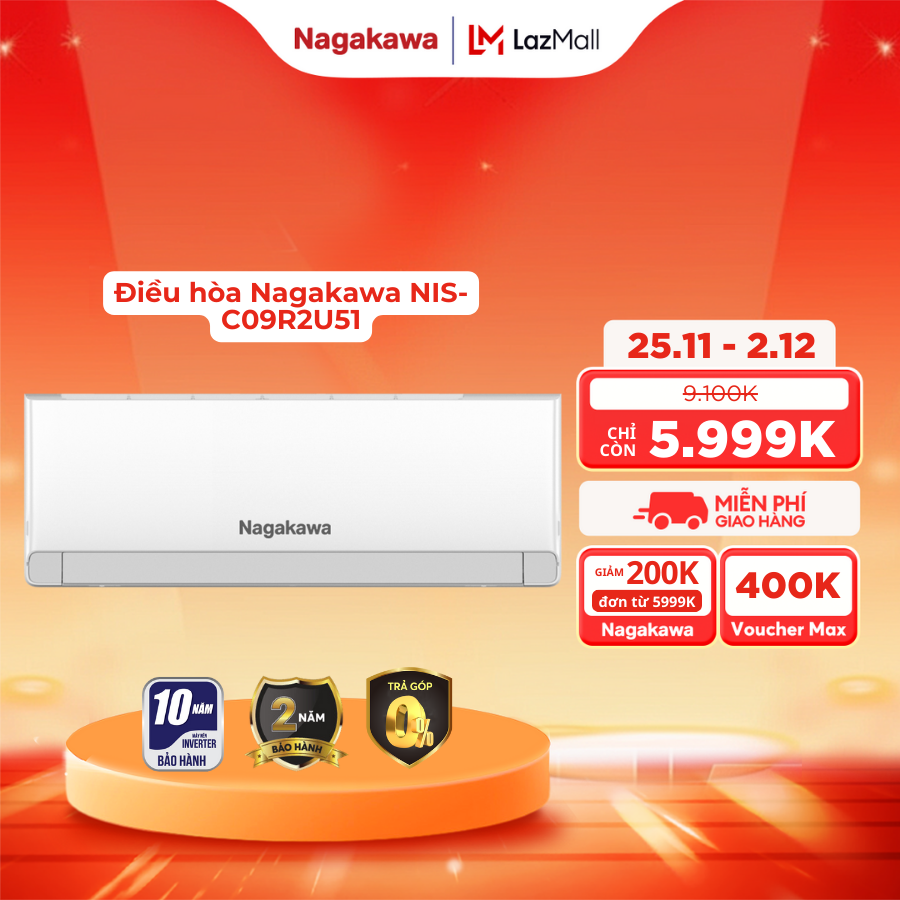 Điều hòa 1 chiều Nagakawa Inverter NIS-C09R2U51 - 9.000BTU, R32, Treo tường
