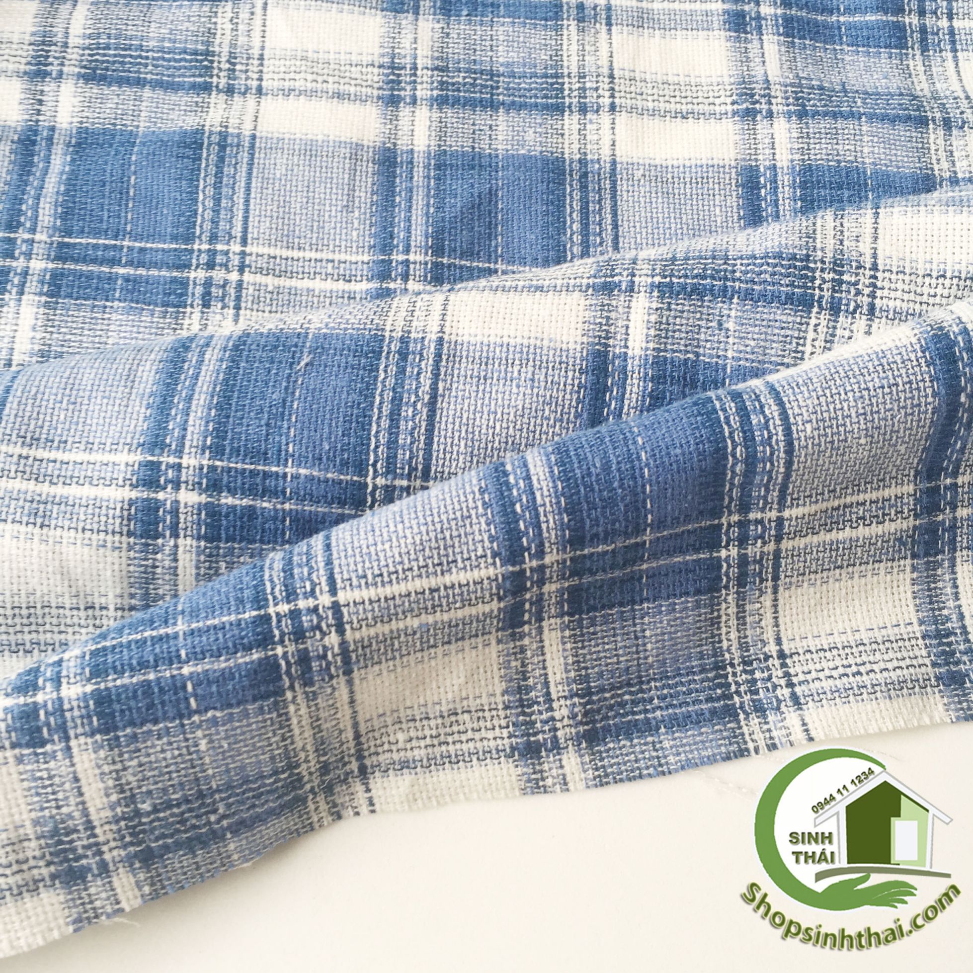 [HCM]Vải linen sọc caro xanh dương vải dày đẹp may quần áo khăn trải bàn rèm cửa áo gối [ 1 mét x khổ 145cm ]