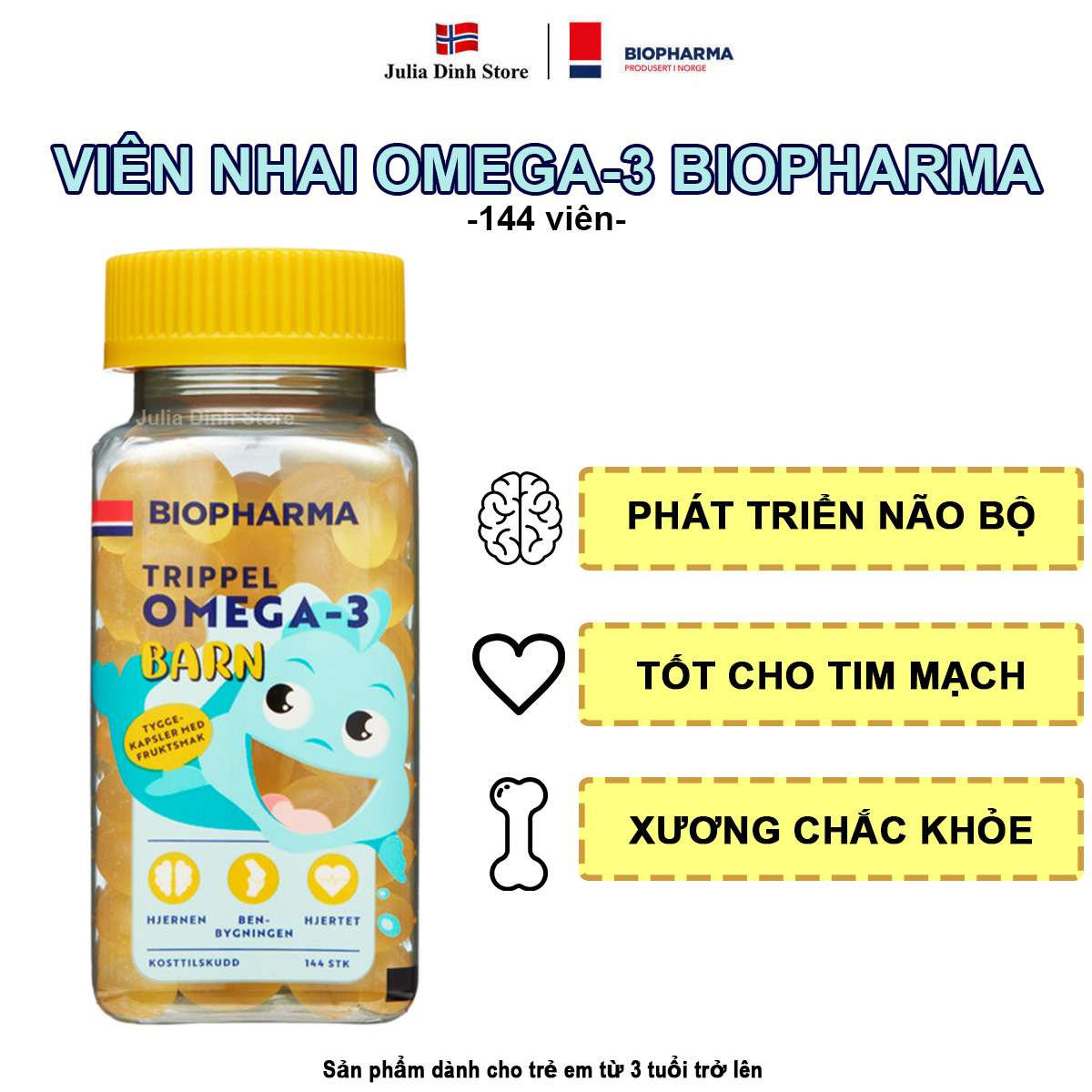 Viên nhai bổ sung DHA trẻ em Trippel Omega-3 Barn Biopharma (hộp 144 viên)