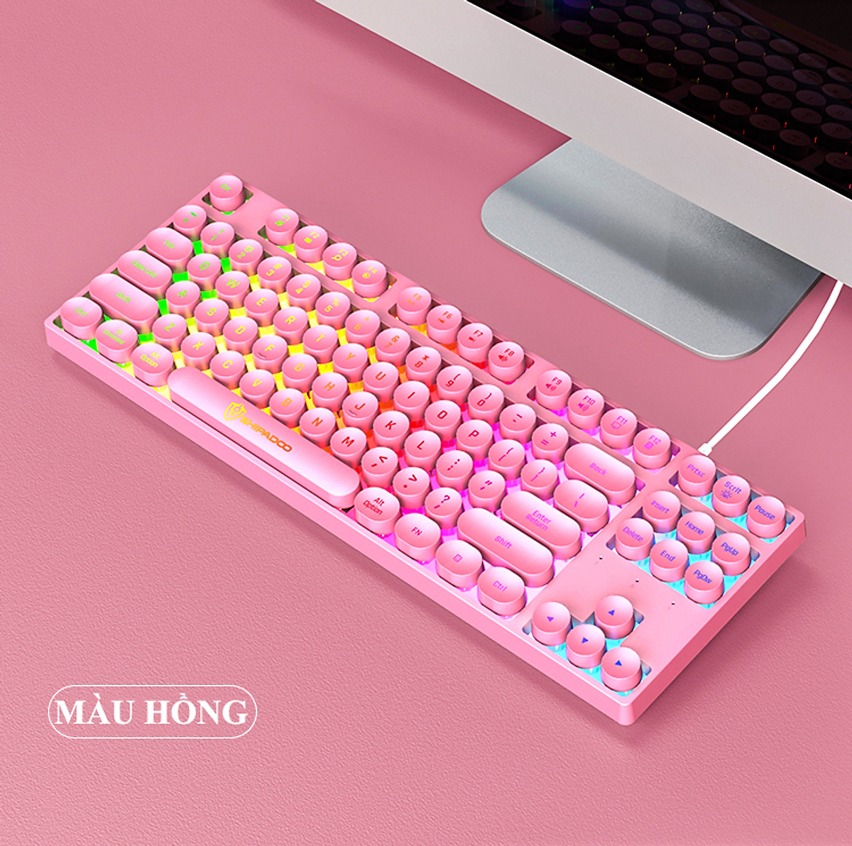(Màu hồng)Bàn phím giả cơ SHIPADOO K87 nút tròn với thiết kế mini nhỏ gọn có đèn led 7 màu cực đẹp