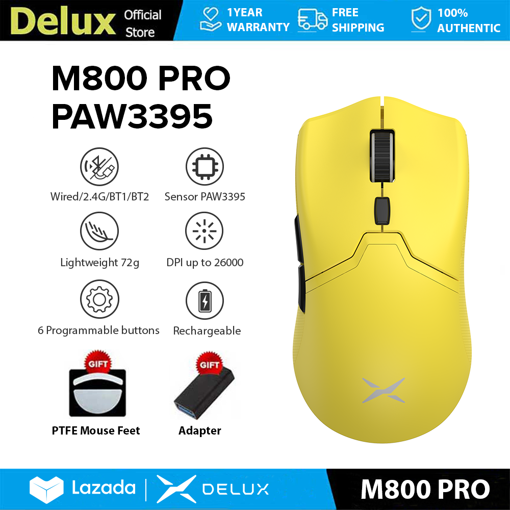 Delux M800 PRO PAW3395 Chuột Chơi Game DPI MAX 26000 Có Dây 2.4G Bluetooth Không Dây Sạc Có Thể Lập Trình 72g Nhẹ Cho PC/Laptop/Windows