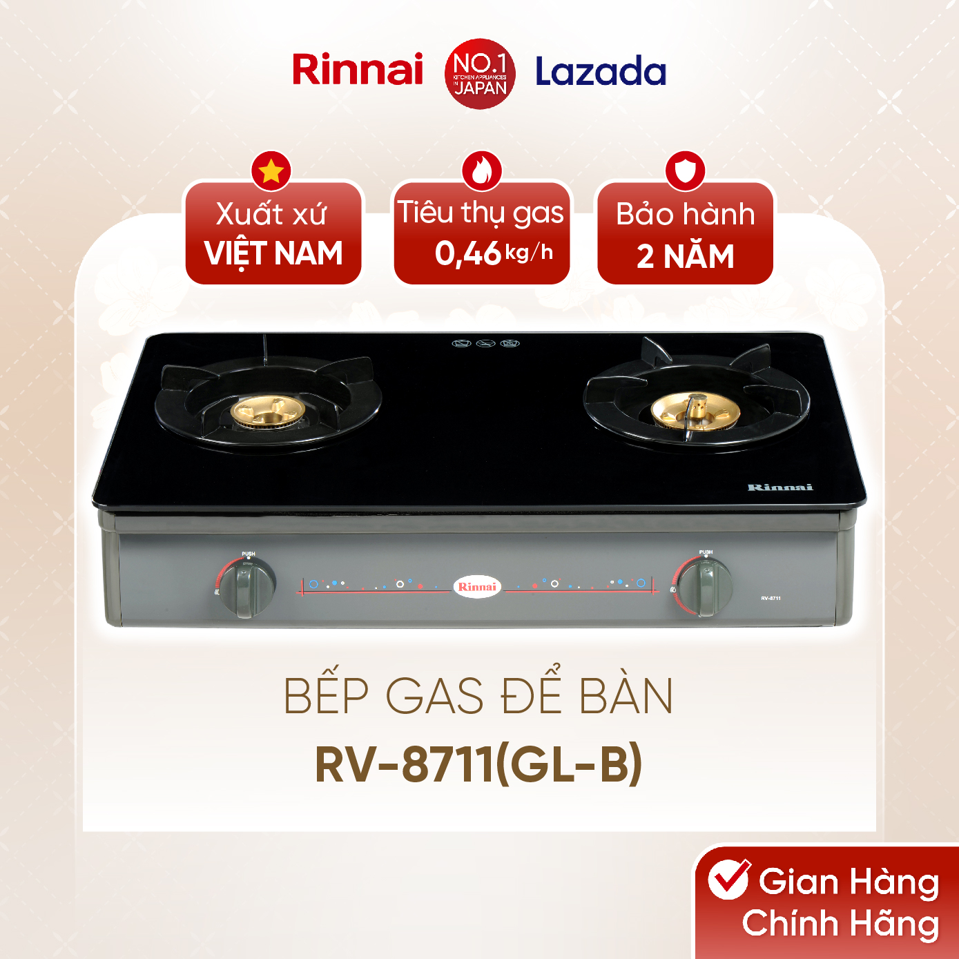 Bếp gas dương Rinnai RV-8711(GL-B) mặt bếp kính và kiềng bếp men - Hàng chính hãng.