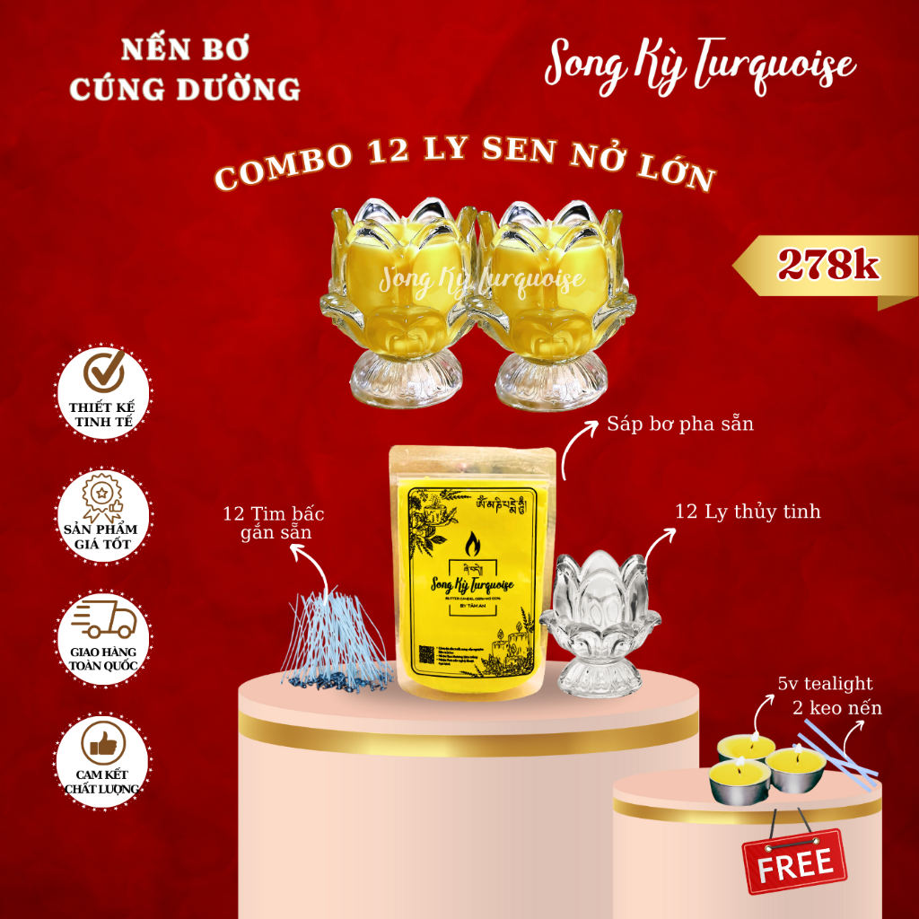 Combo Nến Bơ Cúng Phật - Combo 12 LY / 36 LY Sen nở lớn - Nguyên Liệu Làm Nến Bơ Cúng Dường Tại Nhà - Nến Bơ Song Kỳ