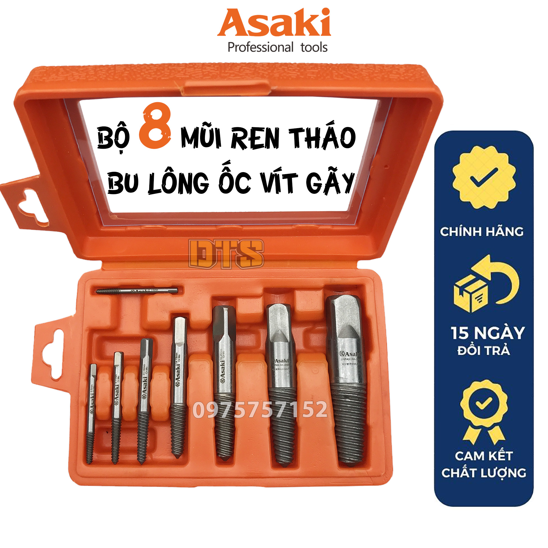 Bộ đầu tháo ốc gãy thép cao cấp Cr-Mo hãng Asaki 5/6/8PCS Mũi tháo vít toét đầu Dụng cụ taro ren trá