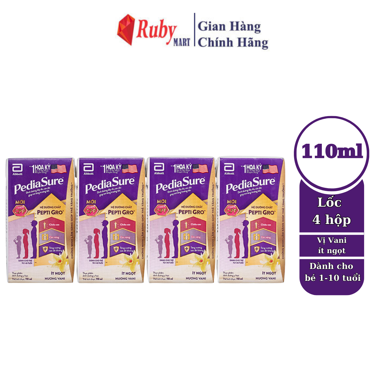 Lốc 4 hộp sữa nước PediaSure 110ml hương Vani ít ngọt