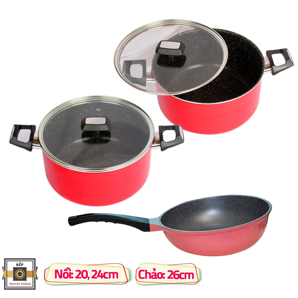 [Hoàn tiền 20%] Combo 3 nồi chảo cao cấp Hàn Quốc bộ 2 nồi chống dính vân đá (K) (size 20 - 24 cm) v