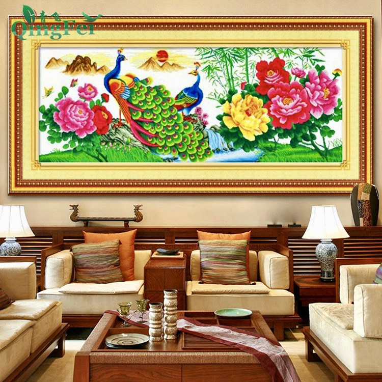 Tranh thêu chữ thập đôi công và hoa mẫu đơn 2561 kích thước 165*65 cm