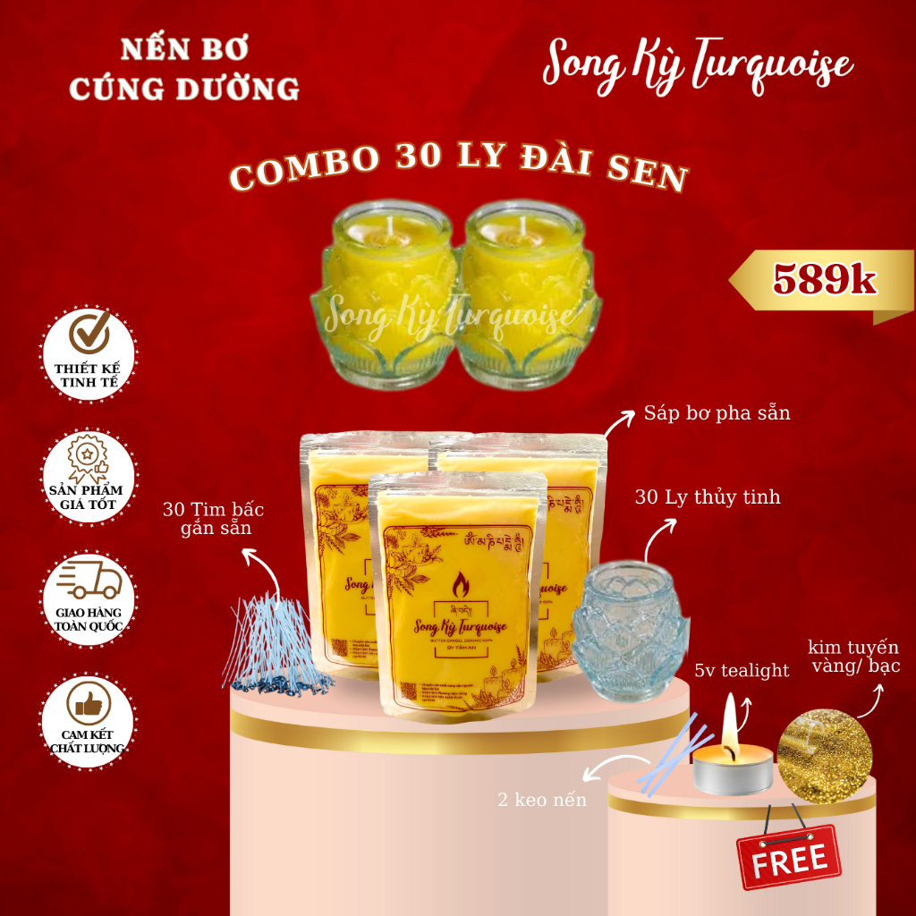 Nến Bơ Cúng Phật - Combo 12/24/30 Ly Đài Sen To - Nguyên Liệu Làm Nến Bơ Cúng Dường- Nến Bơ Song Kỳ