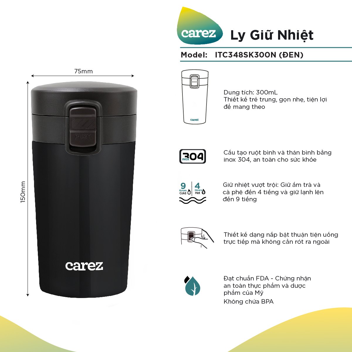 Ly Giữ Nhiệt Carez ITC348SK300N - ĐEN - 300ml Inox 304 Không chứa BPA - Giữ nóng đến 8 tiếng giữ lạ