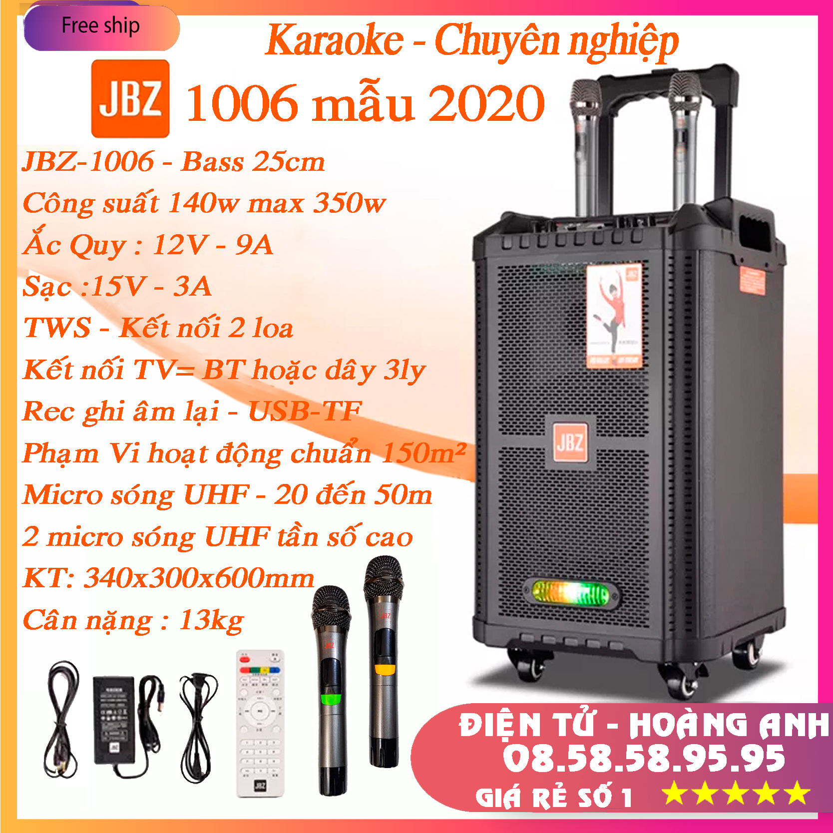 Loa kéo karaoke JBZ-NE-1206 / 1006 / 0806 (Loa 1206 Bass 30cm công suất 160w max 400w) tặng 2 Micro 